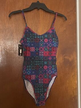 ethika Tile-Print Bodysuit in Navy, Hot Pink & Teal
